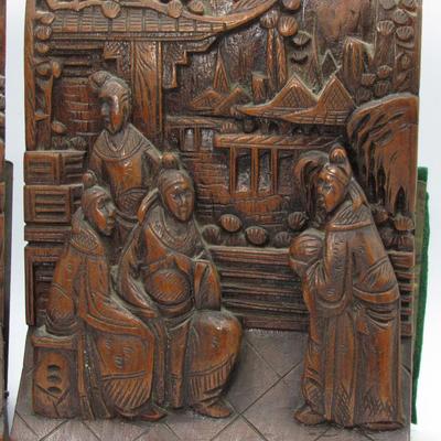 Vintage George Zee & Co Made in Hong Kong Carved Asian Street Scene Book Ends Camphor Wood