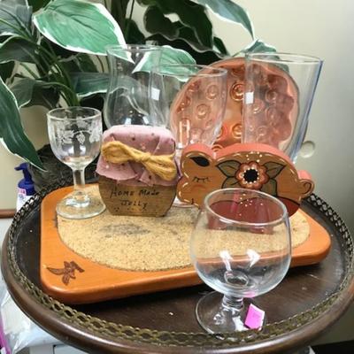 Wood/glass and copper lot