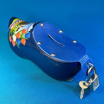 BLUE WOODEN SHOE BANK WALL HANGING with PADLOCK, KEY