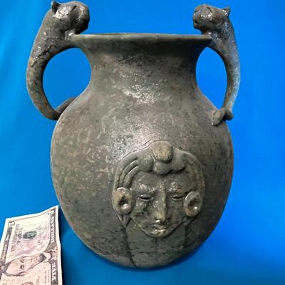 UNUSUAL MYSTERIOUS JAGUAR HANDLES CLAY VASE FROM MEXICO