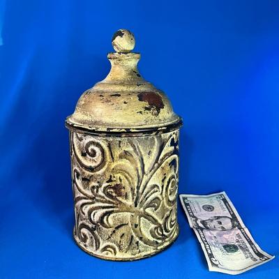METAL SCROLLED ANTIQUE-LIKE CANISTER JAR WITH LID