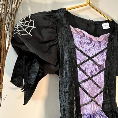 GIRLSâ€™ PURPLE, BLACK, SILVER WITCH COSTUME w/ HAT, BROOM, SOCKS, DRESS