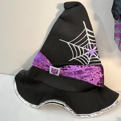 GIRLSâ€™ PURPLE, BLACK, SILVER WITCH COSTUME w/ HAT, BROOM, SOCKS, DRESS