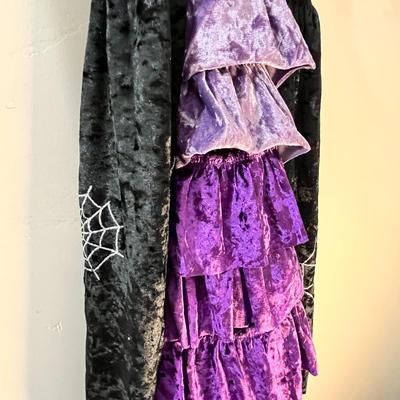 GIRLSâ€™ PURPLE, BLACK, SILVER WITCH COSTUME w/ HAT, BROOM, SOCKS, DRESS
