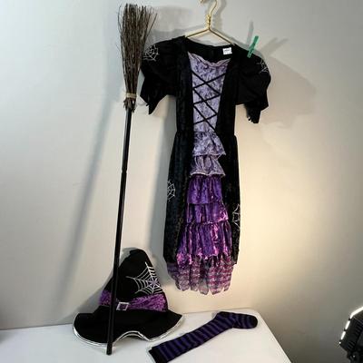 GIRLSâ€™ PURPLE, BLACK, SILVER WITCH COSTUME w/ HAT, BROOM, SOCKS, DRESS