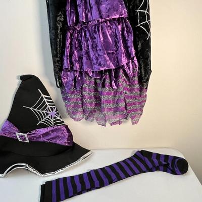 GIRLSâ€™ PURPLE, BLACK, SILVER WITCH COSTUME w/ HAT, BROOM, SOCKS, DRESS