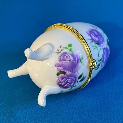 FANCY FOOTED HINGED LID EGG SHAPED TRINKET BOX w/ PURPLE FLOWERS