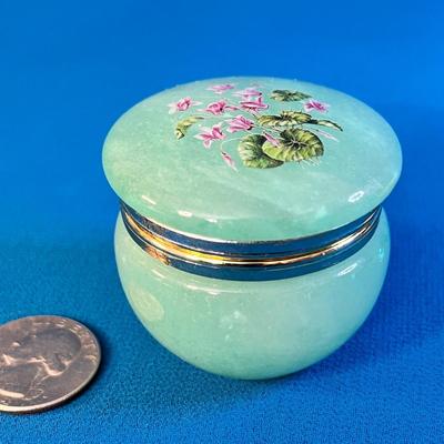 SWEET JADE-LIKE GLASS HINGED LID TRINKET BOX w/ FLOWERS ON LID