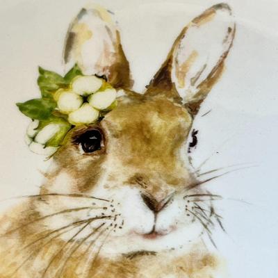 PAIR OF CUTE RABBIT WITH FLOWERS STONEWARE PLATES