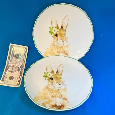 PAIR OF CUTE RABBIT WITH FLOWERS STONEWARE PLATES