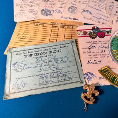 1960â€™S B.S.A. GREAT SALT LAKE COUNCIL GROUP OF MERIT BADGE CARDS, PATCHES, PIN