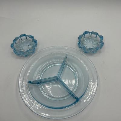 Vintage EAPG Pressed Glass Pale Blue Divided Bowl and Flower Shaped Ashtrays