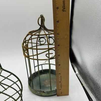 Lot of Three Weathered Green Painted Metal Birdcage Candle Holders Garden Yard Art