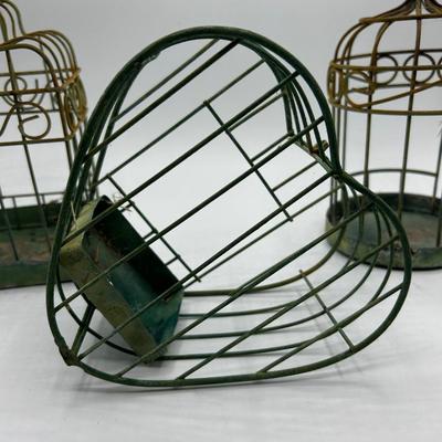 Lot of Three Weathered Green Painted Metal Birdcage Candle Holders Garden Yard Art