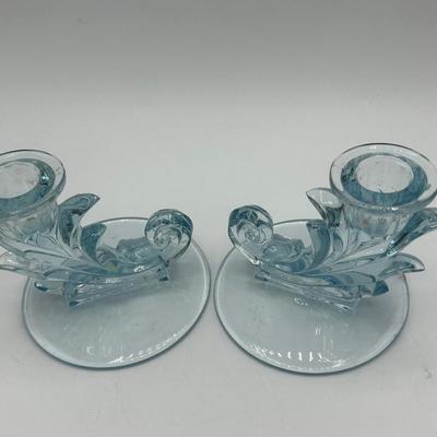 Pair of Pale Blue Fostoria Baroque Glass Candelabra Candle Holders