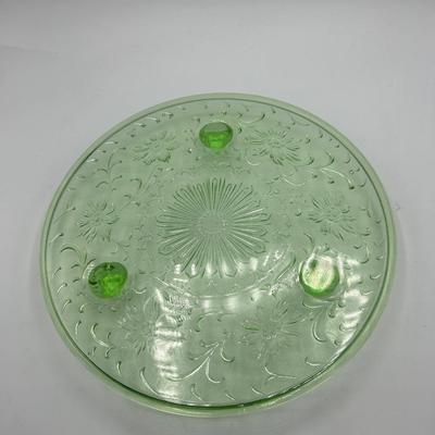 Vintage Green Uranium Vaseline Glass Floral Embossed Footed Cake Plate Dessert Platter
