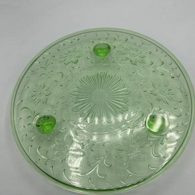 Vintage Green Uranium Vaseline Glass Floral Embossed Footed Cake Plate Dessert Platter