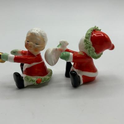 Vintage Napco Santa and Mrs Claus Ceramic Taper Candle Huggers with Spaghetti Trim