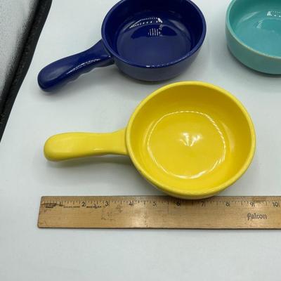 Navy Blue Turquoise Sunshine Yellow Single Handle Chili Soup Bowls Franciscan Ware California Pottery