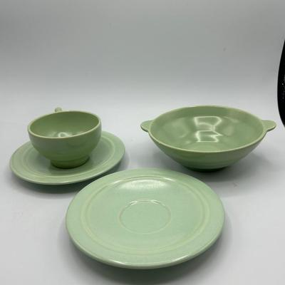 Vintage Pale Sea Foam Green California Pottery Dishes Cup with Saucer Small Bowl Plate