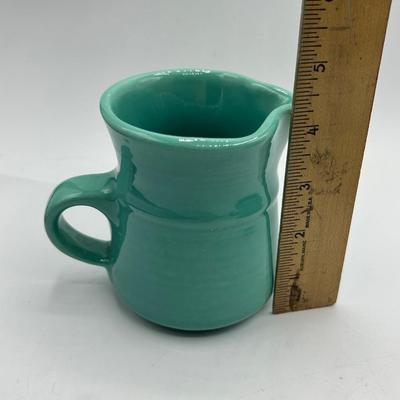 Vintage Metlox Poppy Trail California Pottery Blue Green Turquoise Small Pitcher and Saucer Drip Plate