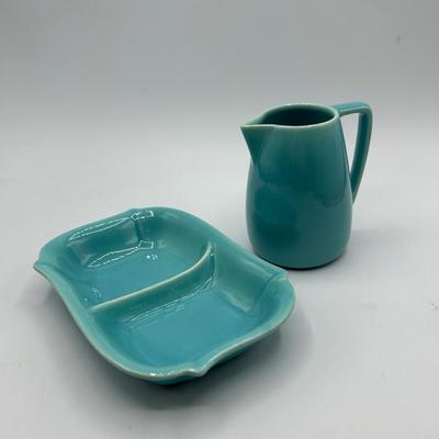 Vintage Franciscan Ware California Pottery Divided Small Dish and Cream Pitcher Turquoise Blue