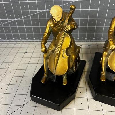 Cello Playing Book Ends Cast Bronze on Slate Base