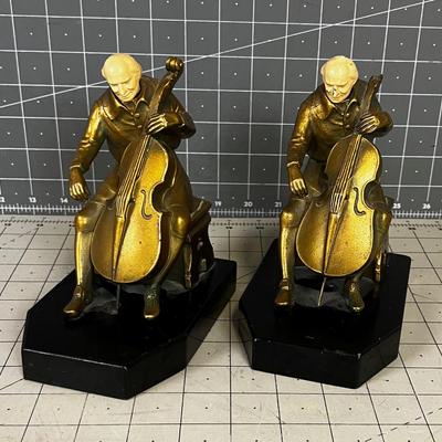 Cello Playing Book Ends Cast Bronze on Slate Base