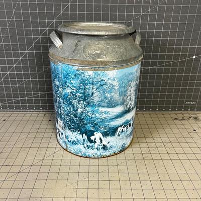 Galvanized Tin Milk Bucket with a lid - Painted Farm Yard Cows