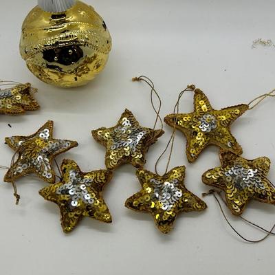 Silver and Gold Sequined Stars & Fish Christmas Holiday Tree Ornaments with Glass Ball Shaped Bottle