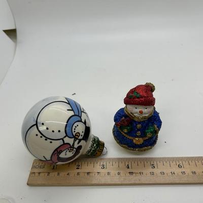 Snowman Themed Christmas Holiday Decor Ornaments Painted Ceramic Ball and Trinket Box