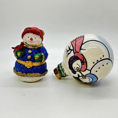 Snowman Themed Christmas Holiday Decor Ornaments Painted Ceramic Ball and Trinket Box