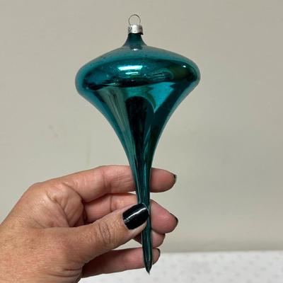 Vintage West Germany Blown Glass Turquoise Blue Spin Top Shaped Christmas Holiday Tree Ornaments