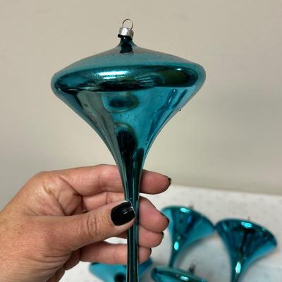 Vintage West Germany Handmade Blown Glass Large Spin Top Turquoise Blue Christmas Holiday Tree Ornaments