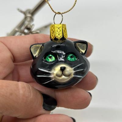 Black Cat with Green Eyes Hanging Christmas Holiday Ornament Personalized