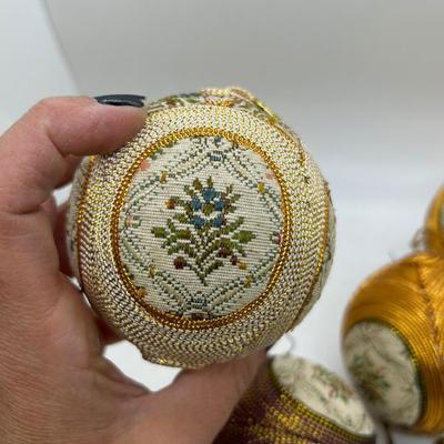 Lot of 6 Tapestry and Gold Thread Cord Decorated Christmas Holiday Tree Ornament Balls