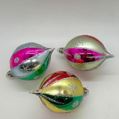Lot of Three Vintage Colorful Striped Blown Glass Christmas Holiday Tree Ornaments Poland