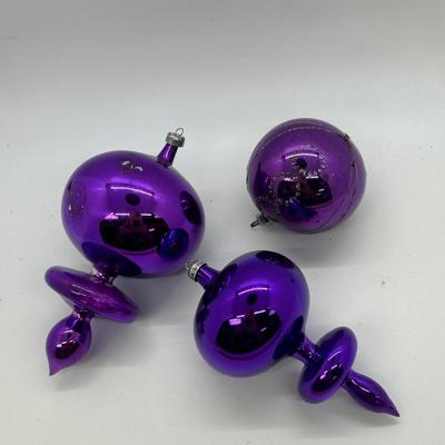 Lot of Three Purple Violet Blown Glass Christmas Holiday Tree Ornaments