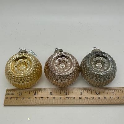 Set of Three Blown Glass Christmas Holiday Tree Ornaments Dimpled Indented Metallic Finish Shiny Brite