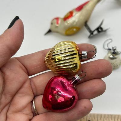 Vintage Red and Gold Blown Glass Hearts and Bird Christmas Holiday Tree Ornaments