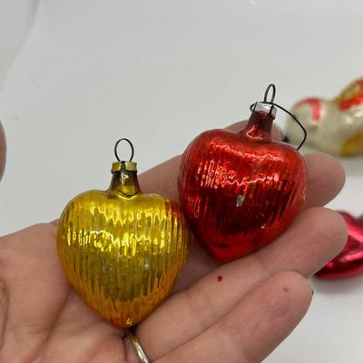 Vintage Red and Gold Blown Glass Hearts and Bird Christmas Holiday Tree Ornaments