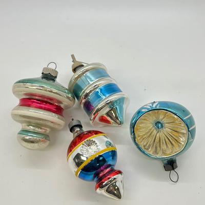 Lot of Four Interesting Shape Indent Spin Top Blown Glass Christmas Holiday Ornaments