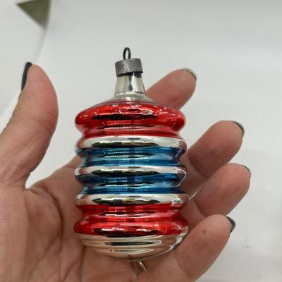 Pair of Vintage Ripple Blown Glass Holiday Christmas Ornaments Red & Blue
