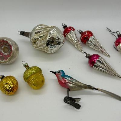 Mixed Lot of Vintage Neat Shaped Blown Glass Christmas Holiday Ornaments Nuts Indent Pointed Tops Clip on Bird