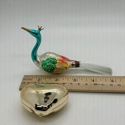 Vintage Glass Christmas Tree Ornaments Gold Heart & Tropical Coorful Peacock Bird