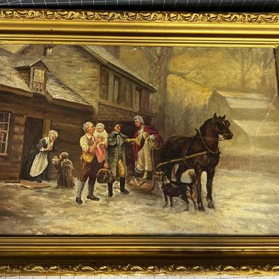 Antique Oil on Canvas, Winter Sleigh Ride 