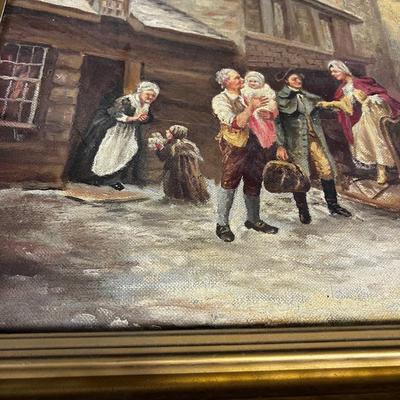 Antique Oil on Canvas, Winter Sleigh Ride 
