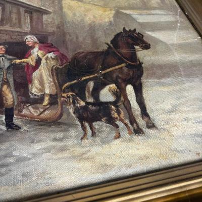 Antique Oil on Canvas, Winter Sleigh Ride 