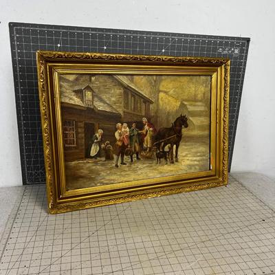 Antique Oil on Canvas, Winter Sleigh Ride 