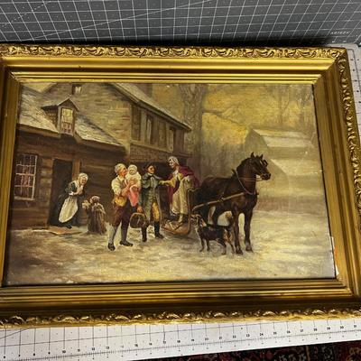 Antique Oil on Canvas, Winter Sleigh Ride 
